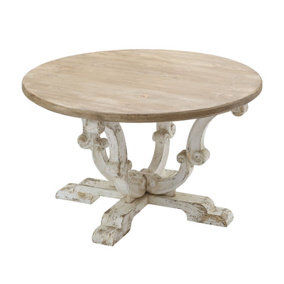 Round Wooden Coffee Table With Distressed Scrollwork Legs - Multicolor