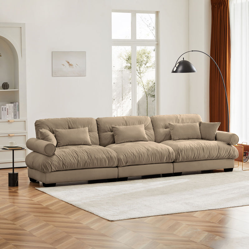 Modern Velvet Sofa With Bolstered Armrests And Pillows