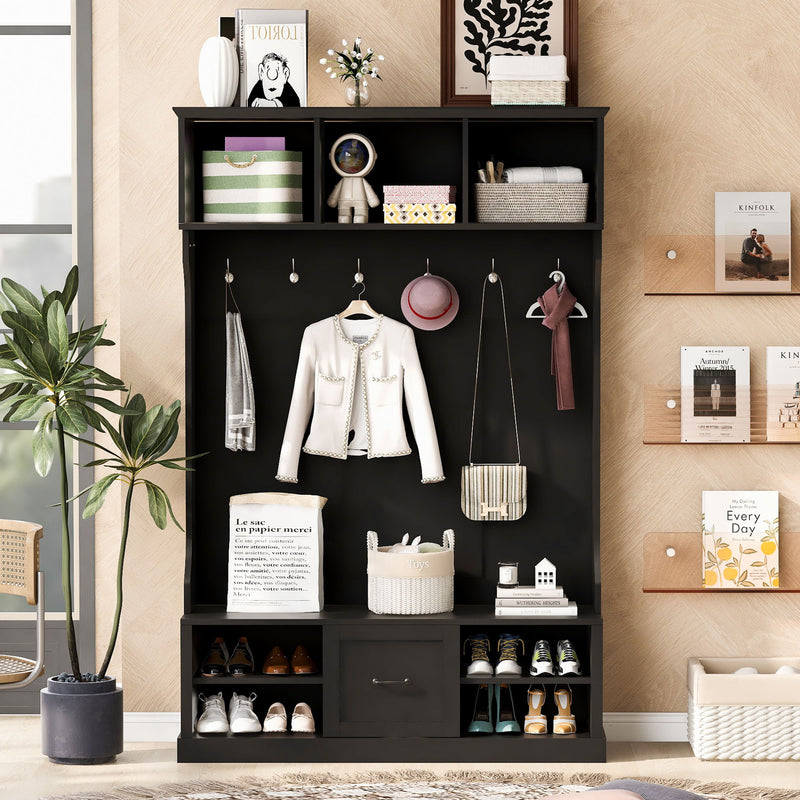 Hall Tree With 6 Hooks, Coat Hanger, Entryway Bench