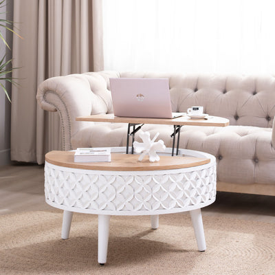 Round Coffee Table With Storage - White / Light Oak