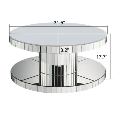 Luxury Double Tier Round Mirror Coffee & End Table With Fluted Glass Modern Sofa Side Table - Silver / Glass