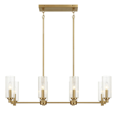 Willow - 8 Lights Island With Clear Ribbed Pendant Lamp Satin - Antique Brass / Clear / Gold