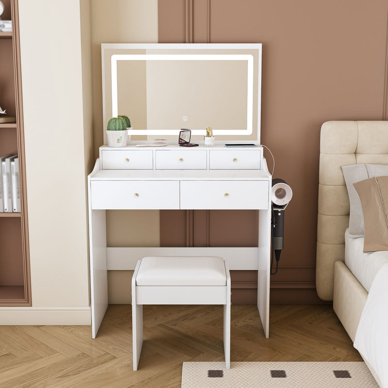 Modern Makeup Vanity Set With Power Outlet, Hair Dryer Holder, And Adjustable Lighting