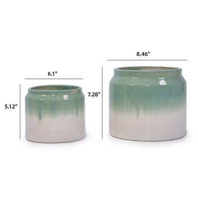 Gradient Flowerpot (Set of 2), Planter For Patio, Garden, Windowsill - White / Green