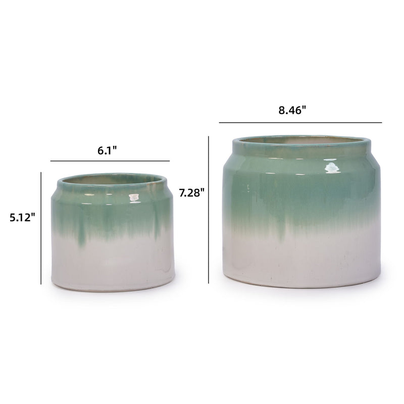 Gradient Flowerpot (Set of 2), Planter For Patio, Garden, Windowsill - White / Green