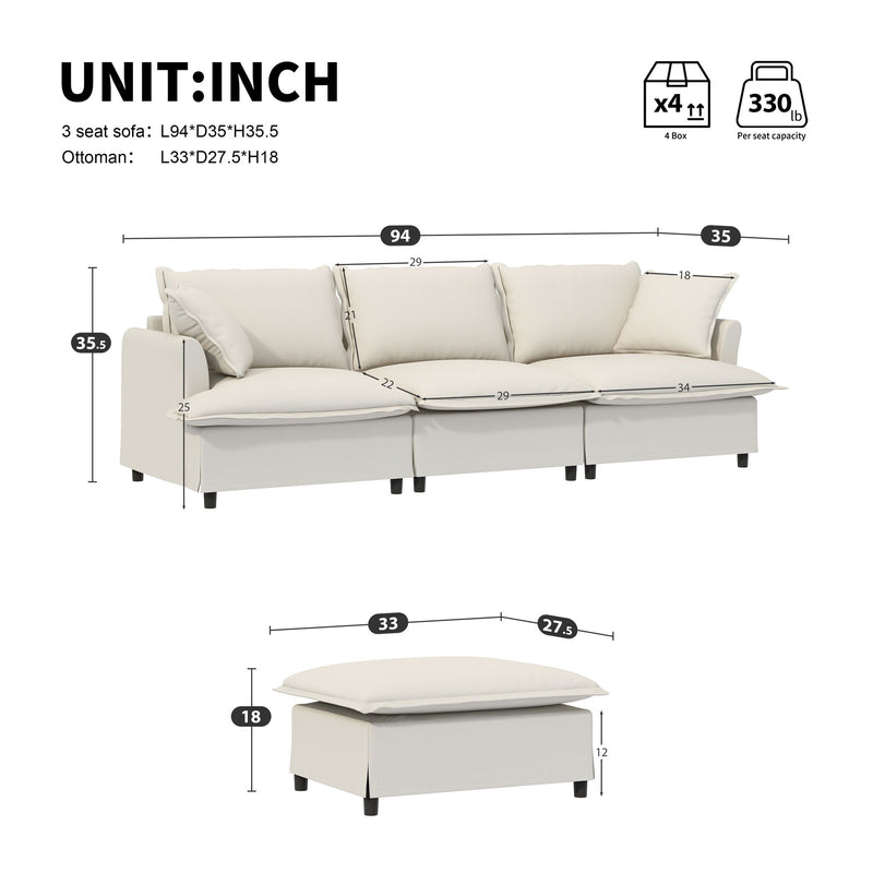 Sectional Sofa With Ottoman Cloud Couch Set With Throw Pillows, Free Combination