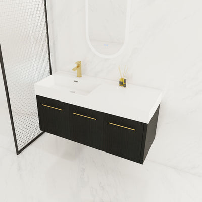 Contemporary 48" Wall Mounted Bathroom Vanity With Resin Sink And Soft Closing Doors And Line - Black Chestnut