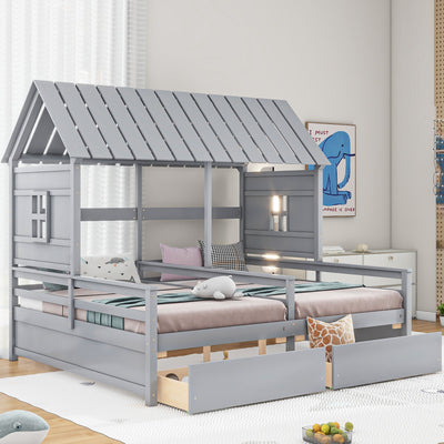 Twin Size House Platform Beds With 2 Drawers For Shared Use - Gray