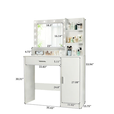 Vanity Desk With Mirror And Adjustable LED Lights, 3 Lighting Modes, Drawer And Storage Cabinet - White