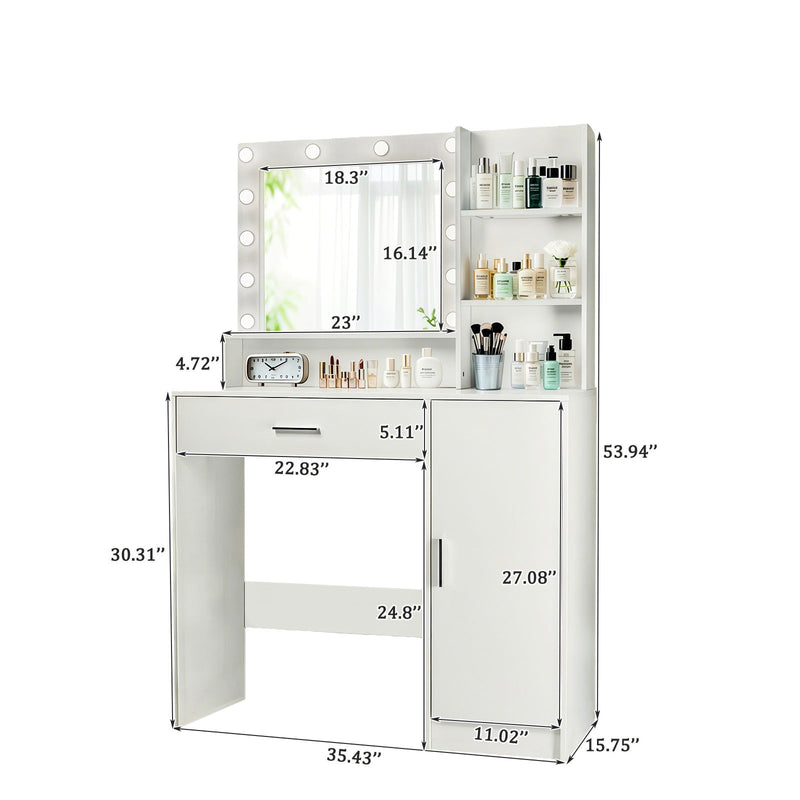 Vanity Desk With Mirror And Adjustable LED Lights, 3 Lighting Modes, Drawer And Storage Cabinet - White