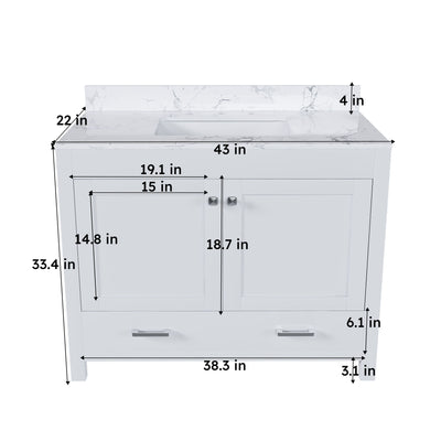 43" Bathroom Vanity With Artificial Marble Carrara Top Set, Multi Functional Bathroom Cabinet With Doors And Drawer - White