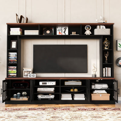 Wall Unit Entertainment Center With Bookshelves For TVs Up To 80", Tempered Glass Doors And Adjustable Shelves