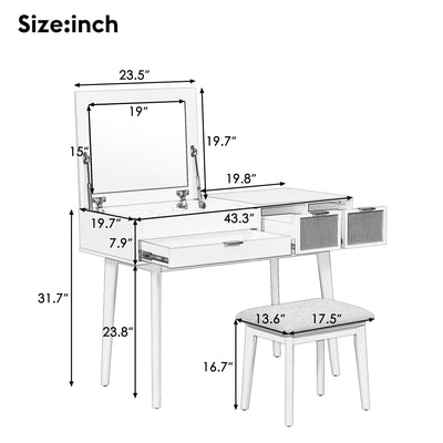 Classic Wood Makeup Vanity Set With Flip-Top Mirror And Stool, Dressing Table With Three Drawers And Storage Space