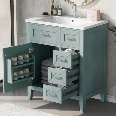 30" Bathroom Vanity With Sink Combo, Bathroom Cabinet With Drawers - Green