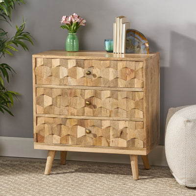 Mid Century Modern Mango Wood 3 Drawer Chest With 3D Tile Weave Design - Natural