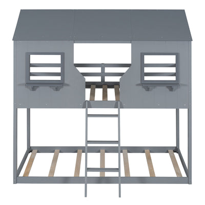 Twin Over Twin Bunk Bed With Roof, Window, Guardrail, Ladder