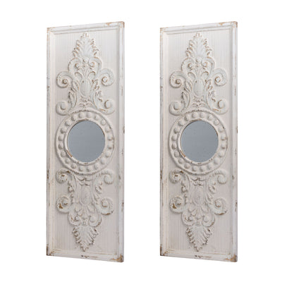 Large Wooden Wall Art Panels With Distressed Round Mirror Accents (Set of 2) - White