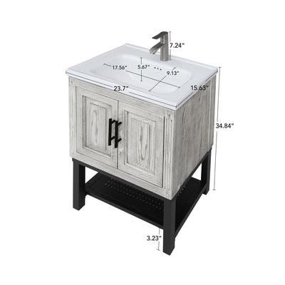 Modern Freestanding Bathroom Vanity With Ceramic Sink, Hot And Cold Faucet, Storage Cabinet & Open Shelf