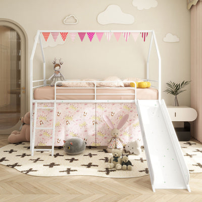 Jack - House Loft Bed With Slide And Curtain Set