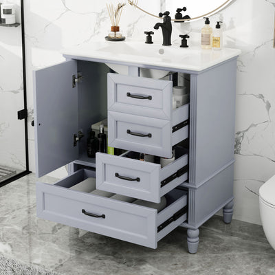 30" Bathroom Vanity With Sink, Bathroom Cabinet With A Door, 3 Drawers Legs, Adiustable Foot Pads - Gray