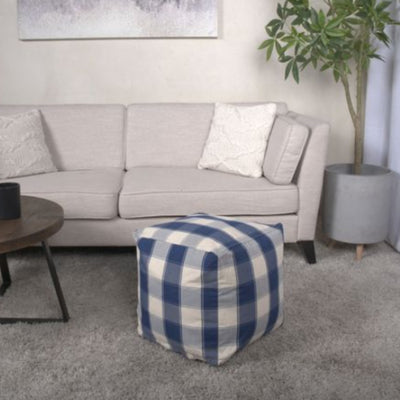 Connor - Checkered Square Pouf Ottoman And Floor Cushion - Ivory / Navy