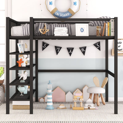 Loft Bed With 4 Tier Shelves And Storage