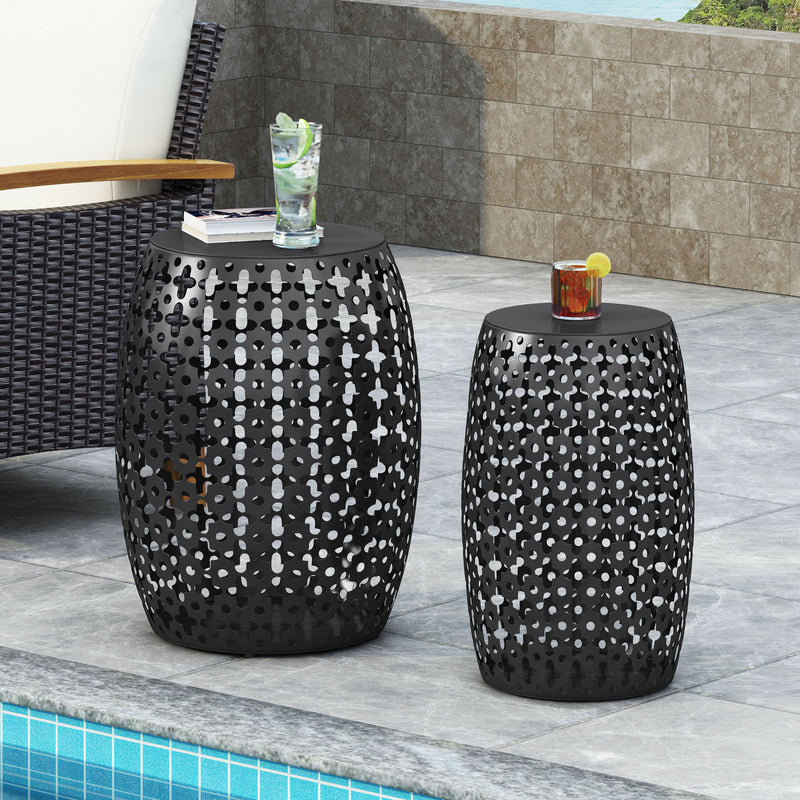 Modern Outdoor Metal End Table Set With Durable Iron Frame - Black