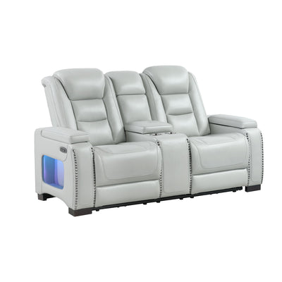 Power Console Loveseat With Power Headrest USB LED And Bookshelf Arms - Grey