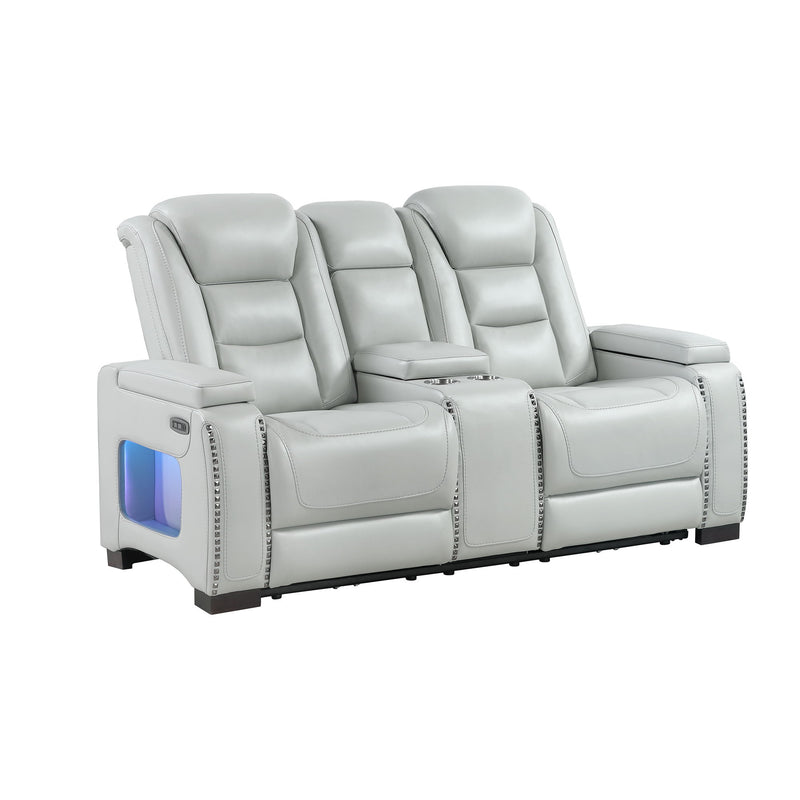 Power Console Loveseat With Power Headrest USB LED And Bookshelf Arms - Grey