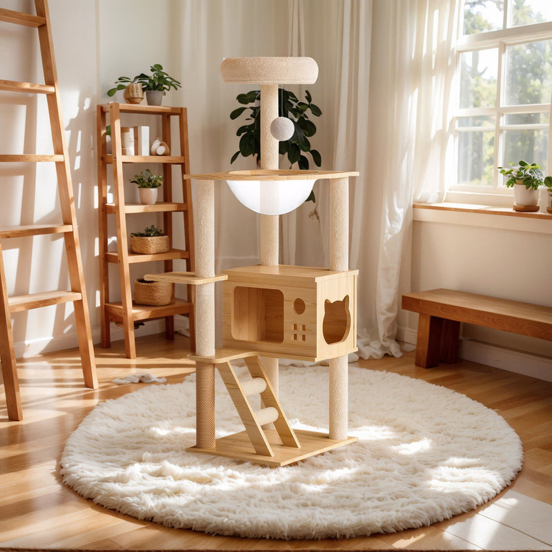 Modern Cat Tower, Wood Cat Tree Tower For Indoor Cats, Cat Tree With Sisal Covered Scratching Posts And Top Perch - Natural / White