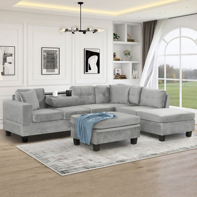 Modern Sectional Sofa With Storage Ottoman, L - Shape Couch With 2 Pillows And Cup Holders