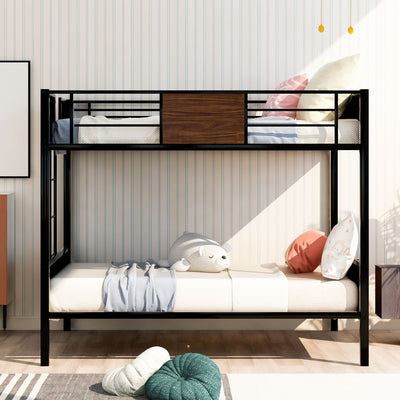 Full Over Full Bunk Bed Modern Style Steel Frame Bunk Bed With Safety Rail, Built-In Ladder For Bedroom - Brown