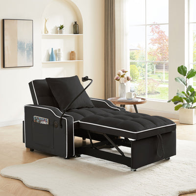 Convertible 3 In 1 Sofa Bed With Adjustable Sleeper Chair And Multi Pockets - Black