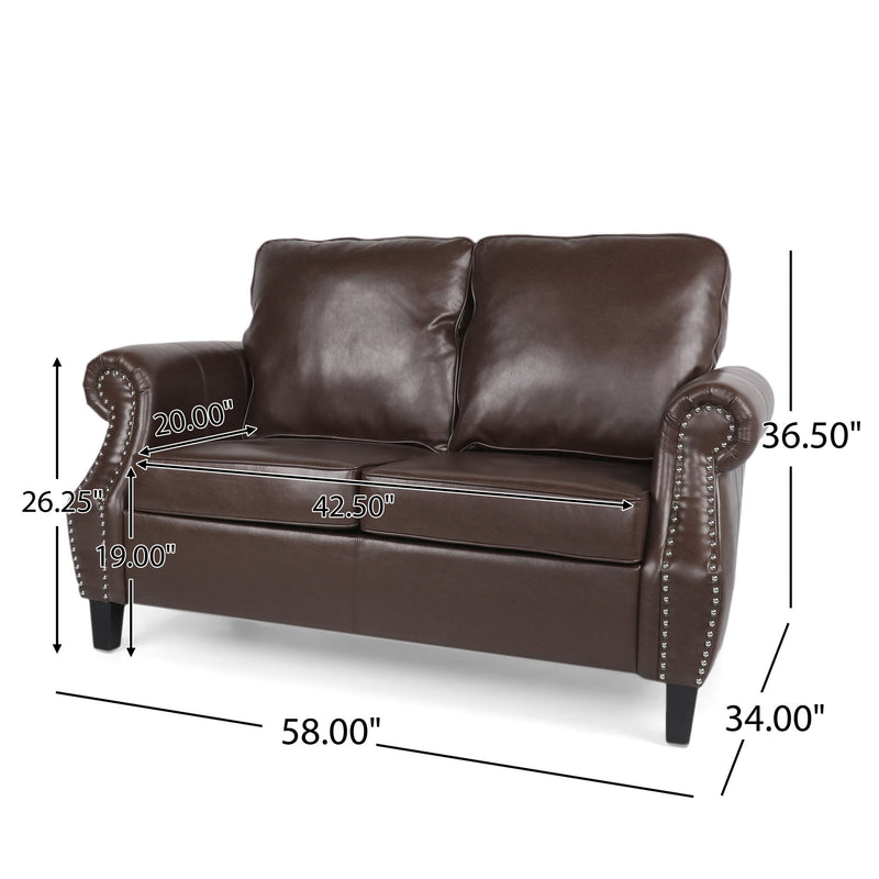 Contemporary Loveseat With Nailhead Trim - Dark Brown