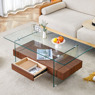 Modern 2 Tier Square Coffee Table, Elegant Marble Pattern