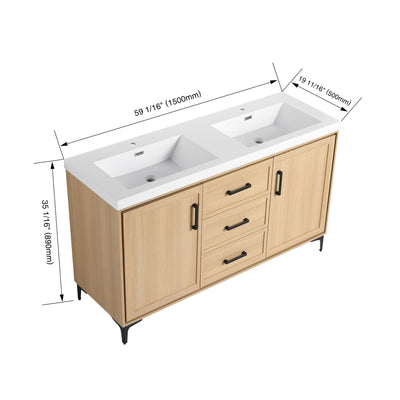Original 60" Freestanding Bathroom Vanity With Double Resin Sink Plywood Soft Closing Doors & Drawers - Oak