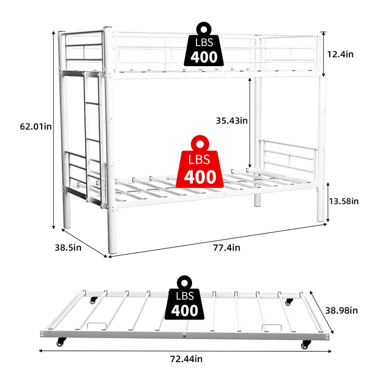 Bunk Bed For Kids, Convertible Frame With Ladders & Guardrail