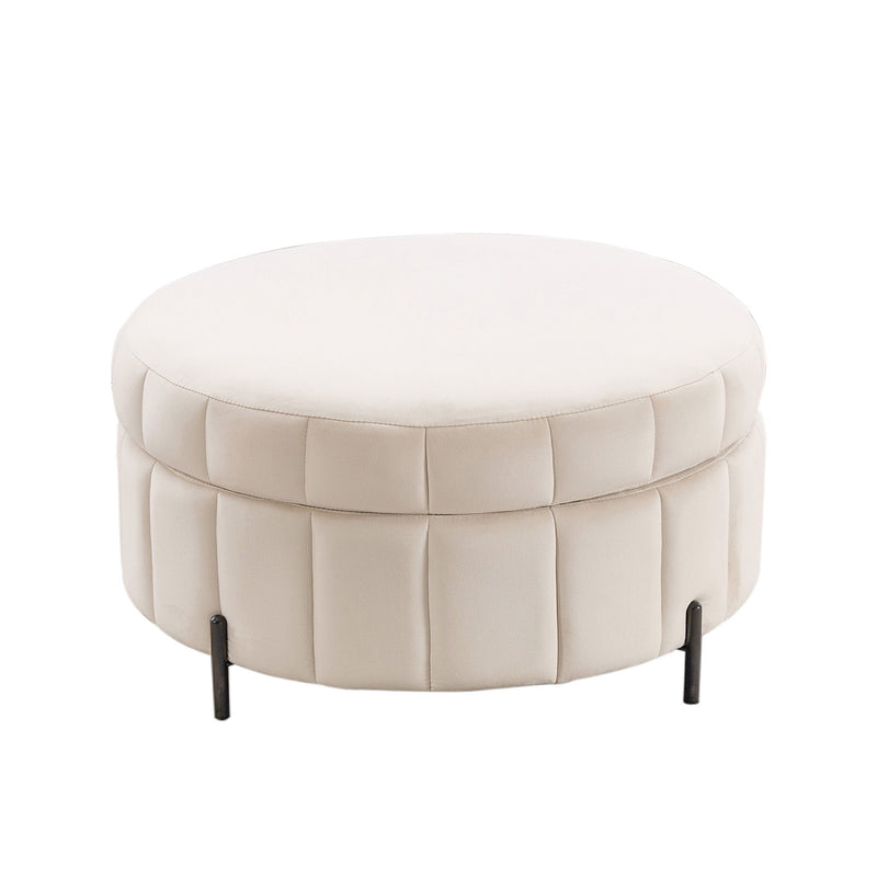 Upholstered Round Ottoman With Reversible Lid, Channel Tufted Pumpkin Shape
