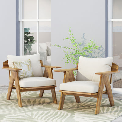 Outdoor Acacia Wood Club Chairs With Cushions (Set of 2) - Teak / Beige