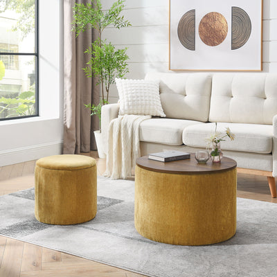 Classic 2 Piece Round Storage Ottoman Set With Drum Shaped Stool