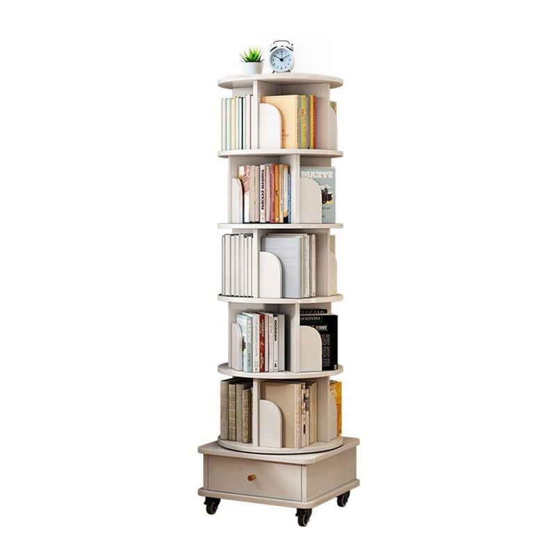 Rotating Bookshelf With Wheels And Drawer, 360° Spinning Design, Space Saving Storage