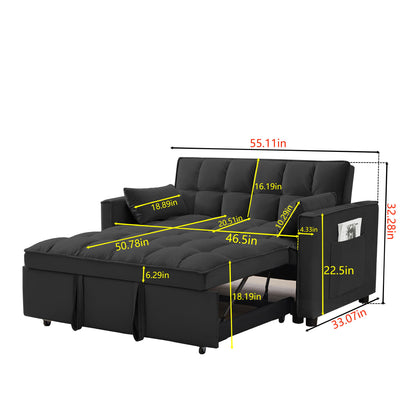 Modern Velvet Convertible Loveseat Futon Sofa With Pullout Bed, Reclining Backrest