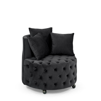 Modern Upholstered Swivel Chair With Button Tufted Design And Movable Wheels