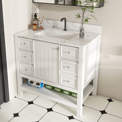 37" Bathroom Vanity, Multi Functional Cabinet With Doors And Drawers, Frame, Single Faucet Hole - White