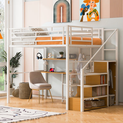 Metal Loft Bed With Wardrobe, Desk, Storage Shelves