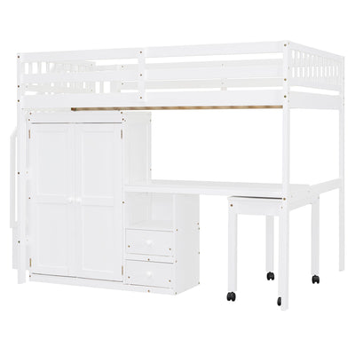Loft Bed With Stairs, Bookshelf, Drawers, Desk & Wardrobe, Space Saving Multifunctional Furniture