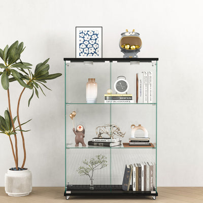 Modern Display Cabinet With LED Lights, Transparent Tempered Glass 2 Door Storage Case With 3 Shelves