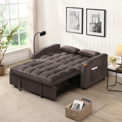 Modern Velvet Loveseat Futon Sofa With Pullout Bed, Adjustable Reclining Backrest, Toss Pillows
