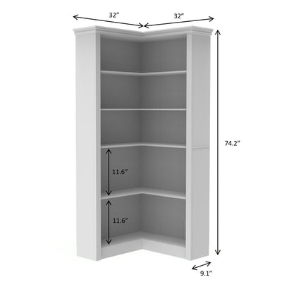 Modern 5 Tier Corner Bookshelf With Adjustable Storage For Bedroom And Living Room - White