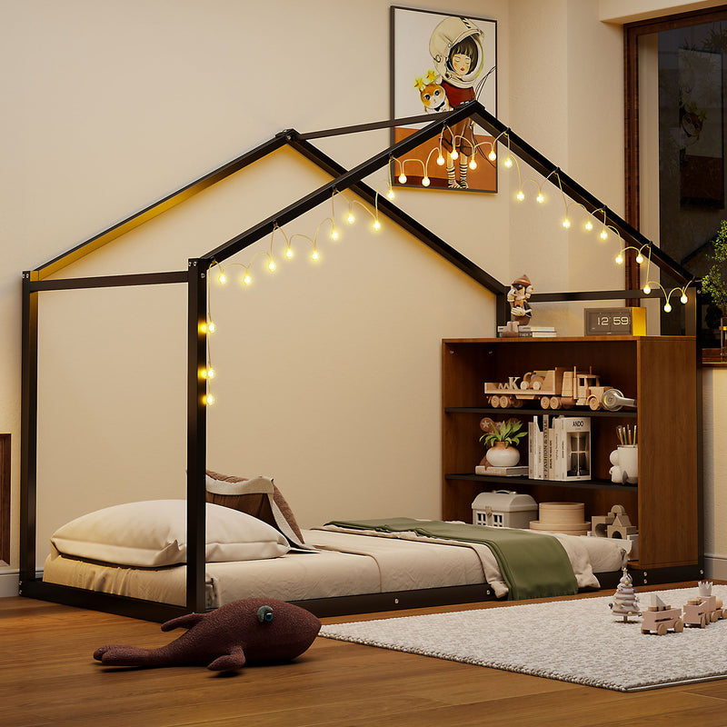 Bed House Frame With Shelves And Lights